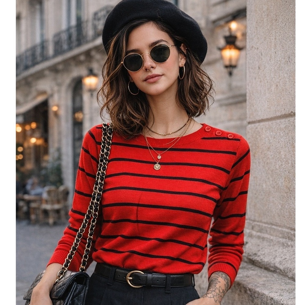 Vintage Lisa Ltd Red Black Striped Sweater Shoulder Button Detail Acrylic Medium